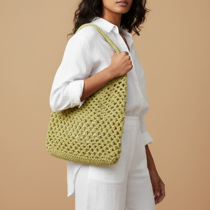 Lime Green Crochet Tote – Model Pose