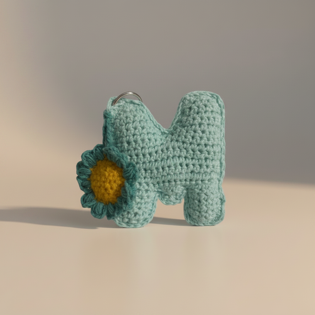 M Keychain azul girado a la izquierda