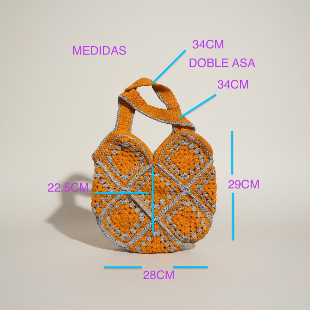 Bolso tejido a crochet estilo granny color naranja y tono claro