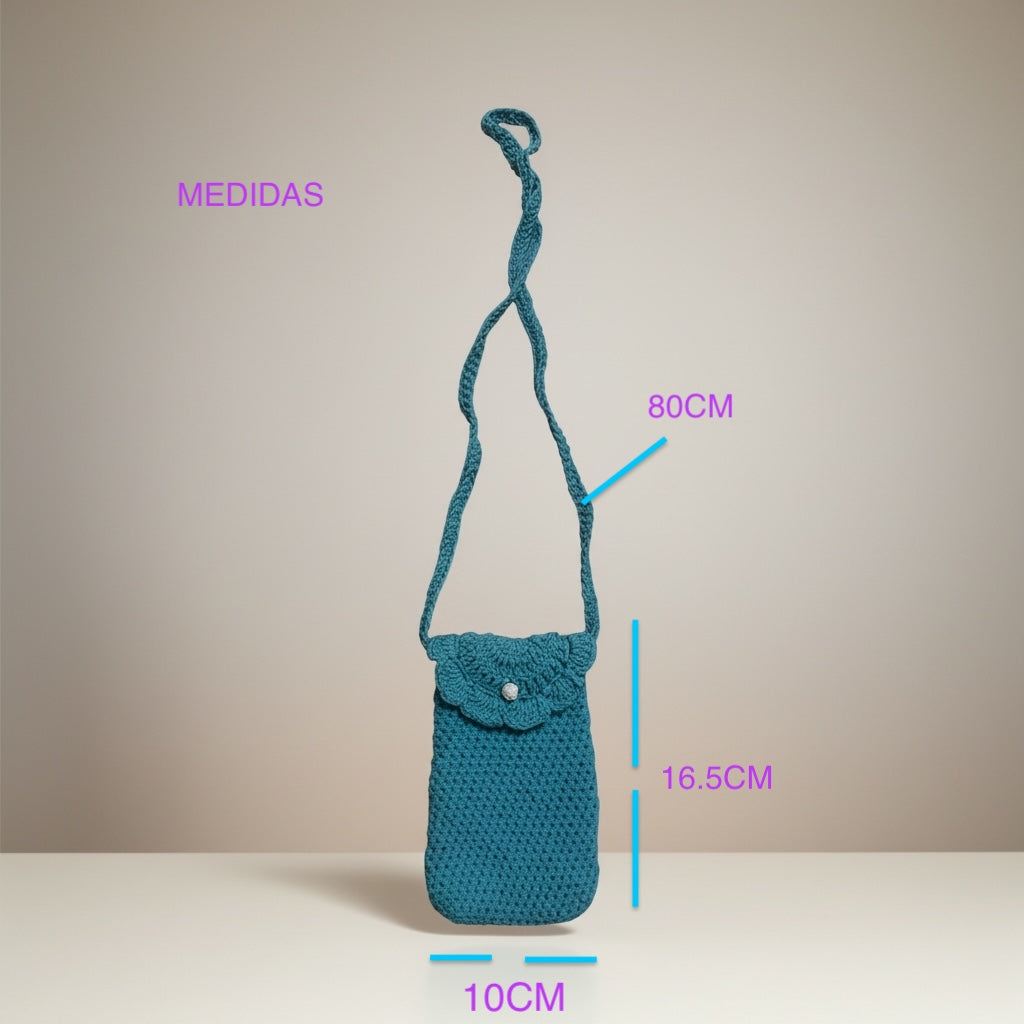 Bolso para el Móvil tejido a crochet color turqueza