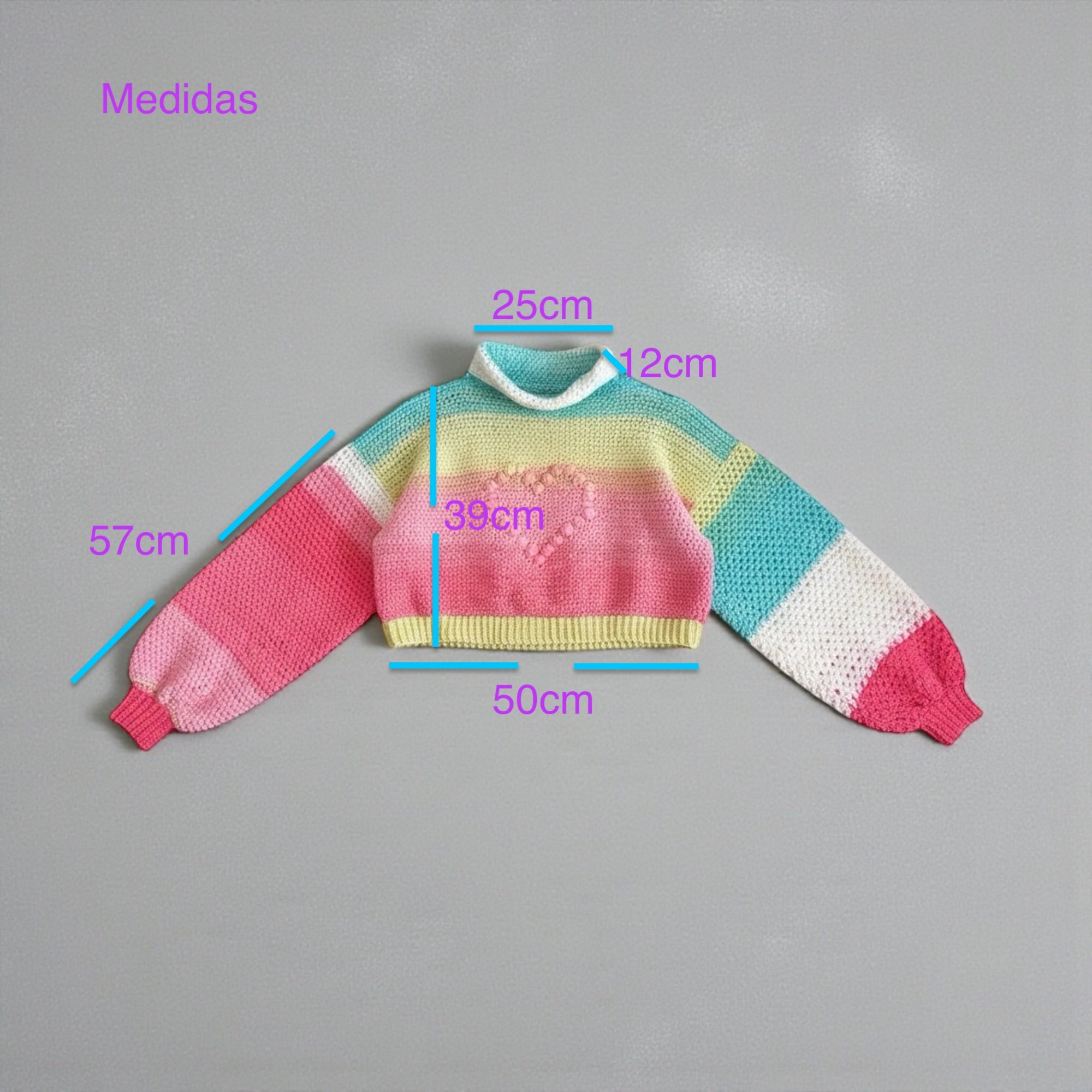 Suéter Crochet Cropped Pastel Arcoíris Cuello Alto