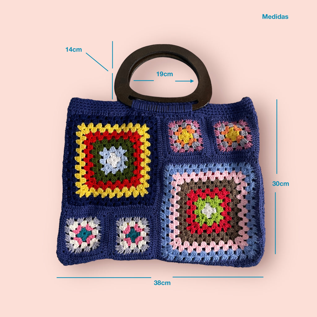 Bolso Mano Crochet Granny Square Azul Marino Asa Madera