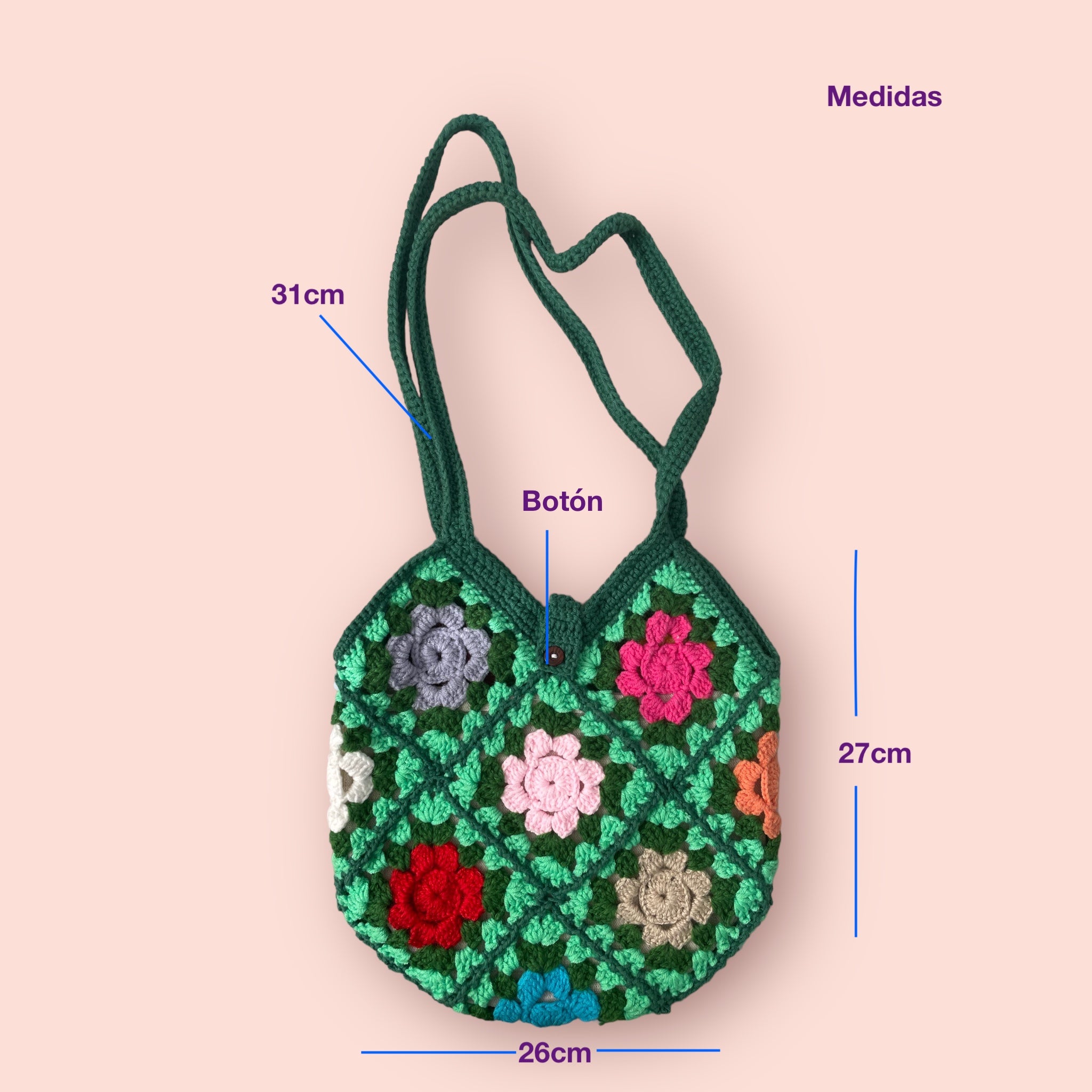 Bolso artesanal de crochet verde con flores multicolor, bolso hecho a mano estilo boho