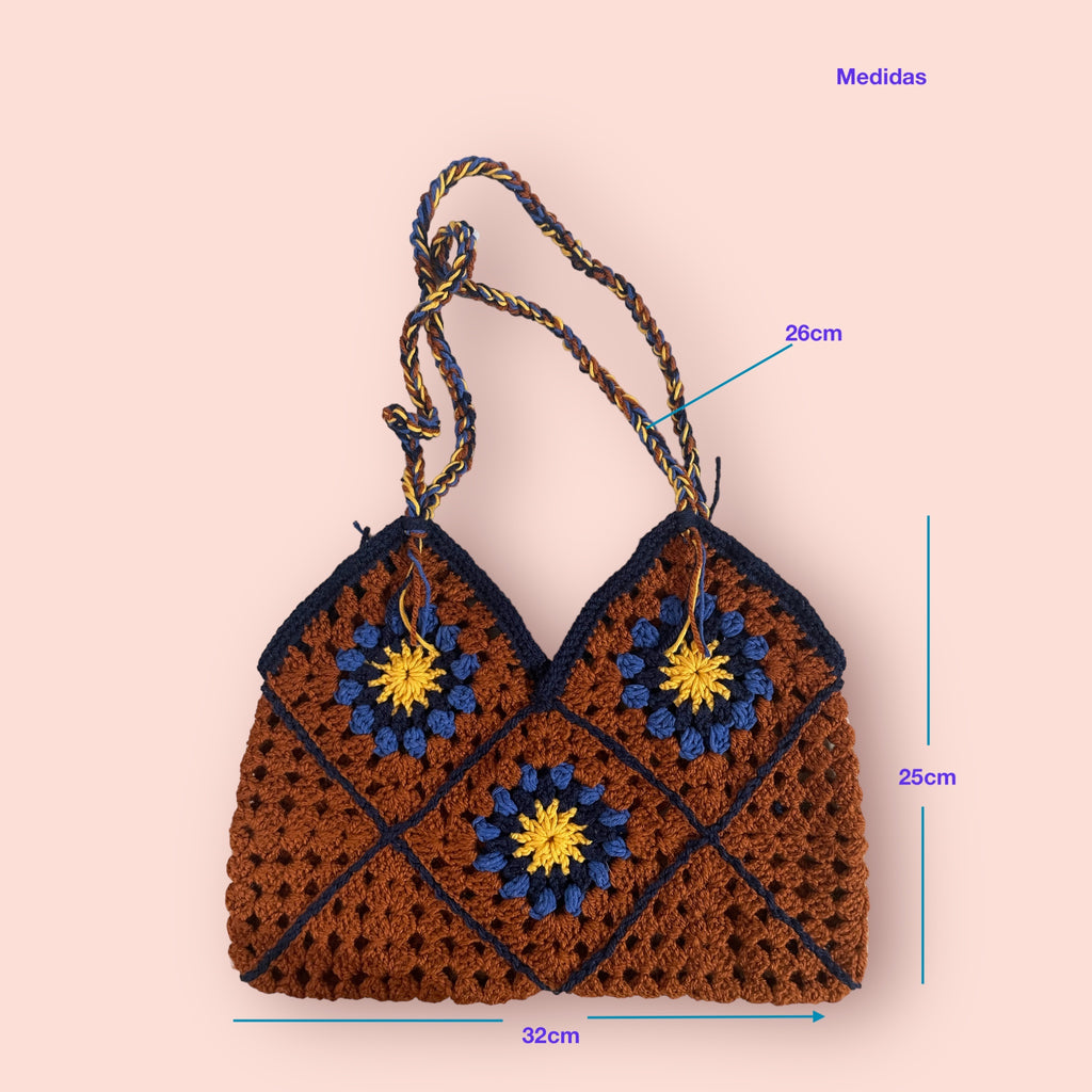 Bolso Crochet Granny Square Marrón y Azul Asa Trenzada