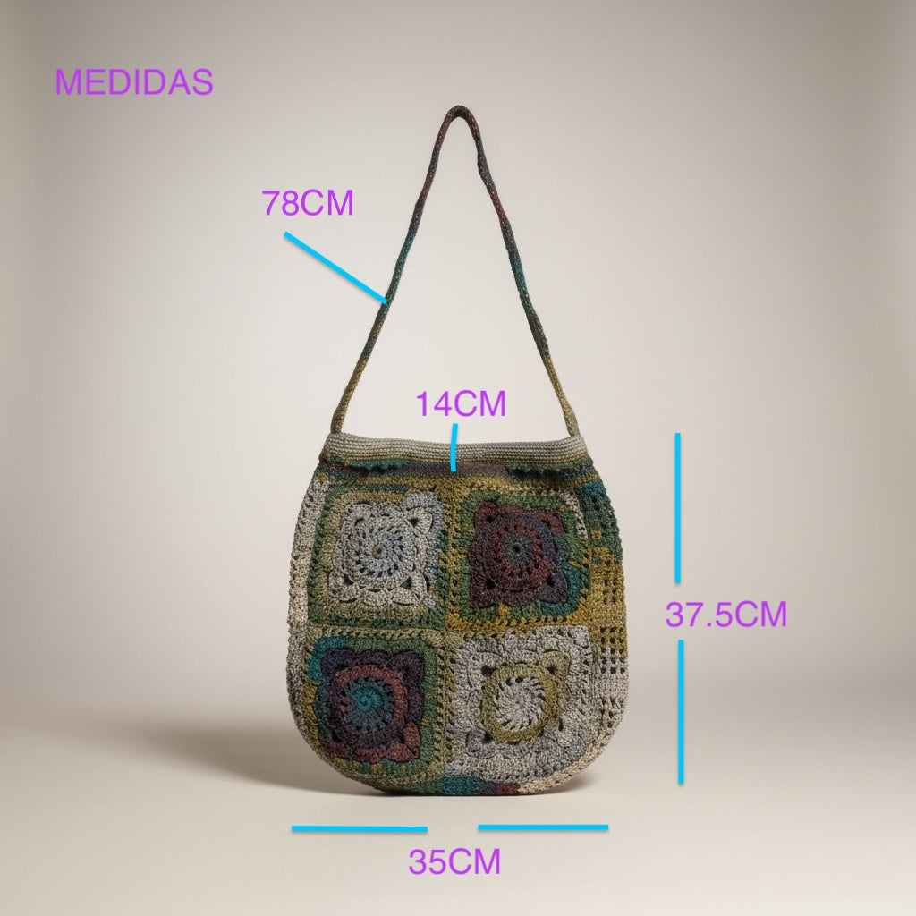 Bolso tejido a crochet estilo granny color variados con un brillo especial estilo bandolera