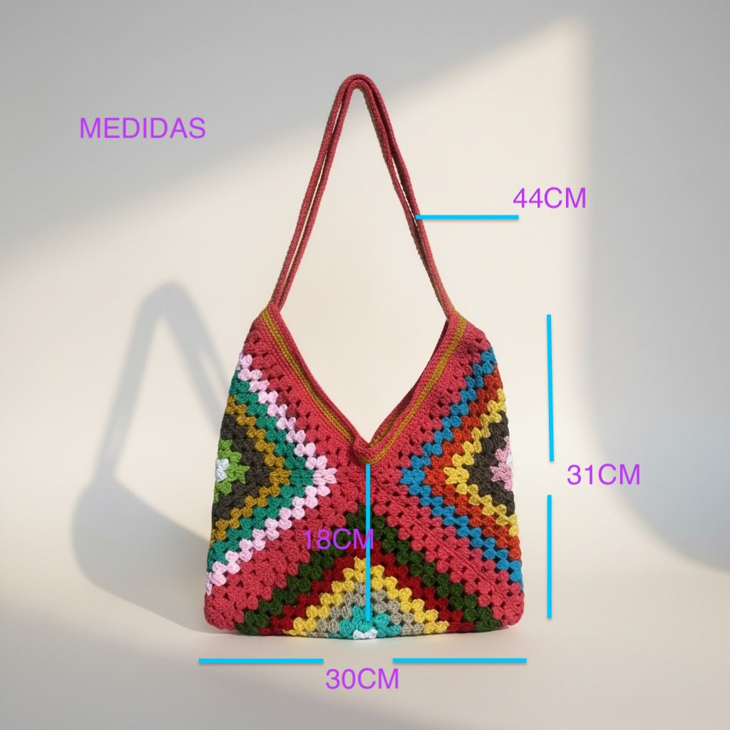 Bolso estilo granny multicolor tejido a crochet