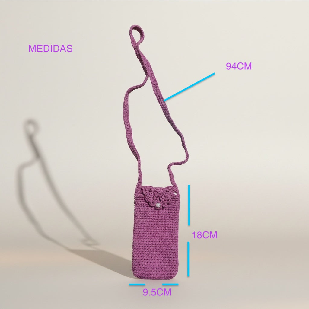 Bolso tejido a crochet para el móvil color rosa