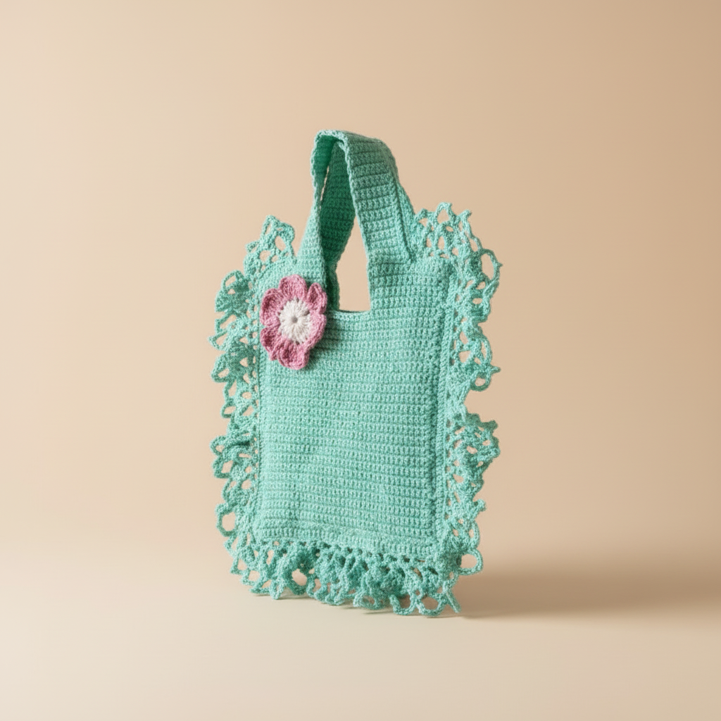 Mint Crochet Tote – 3/4 Turn Beige Background