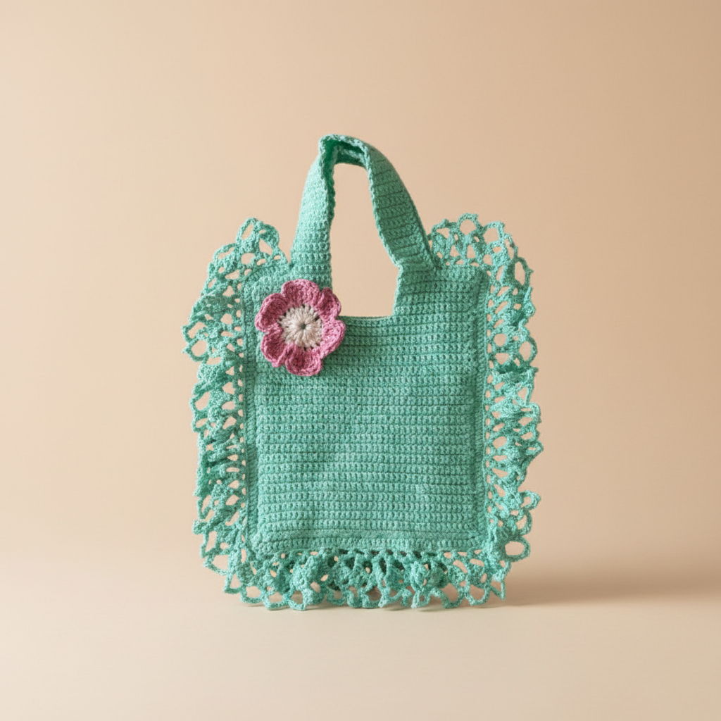 Mint Crochet Tote – Beige Background