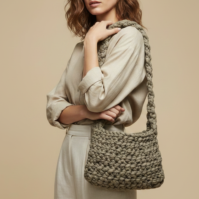 Model 2 with Chunky Taupe Crochet Bag