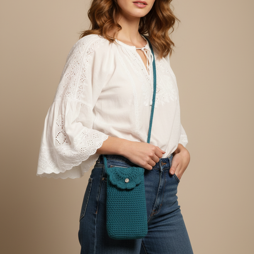 Model posing with crochet teal crossbody bag