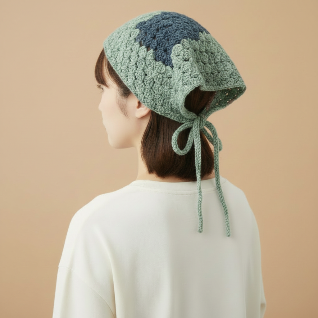 Model wearing mint green and blue crochet headscarf