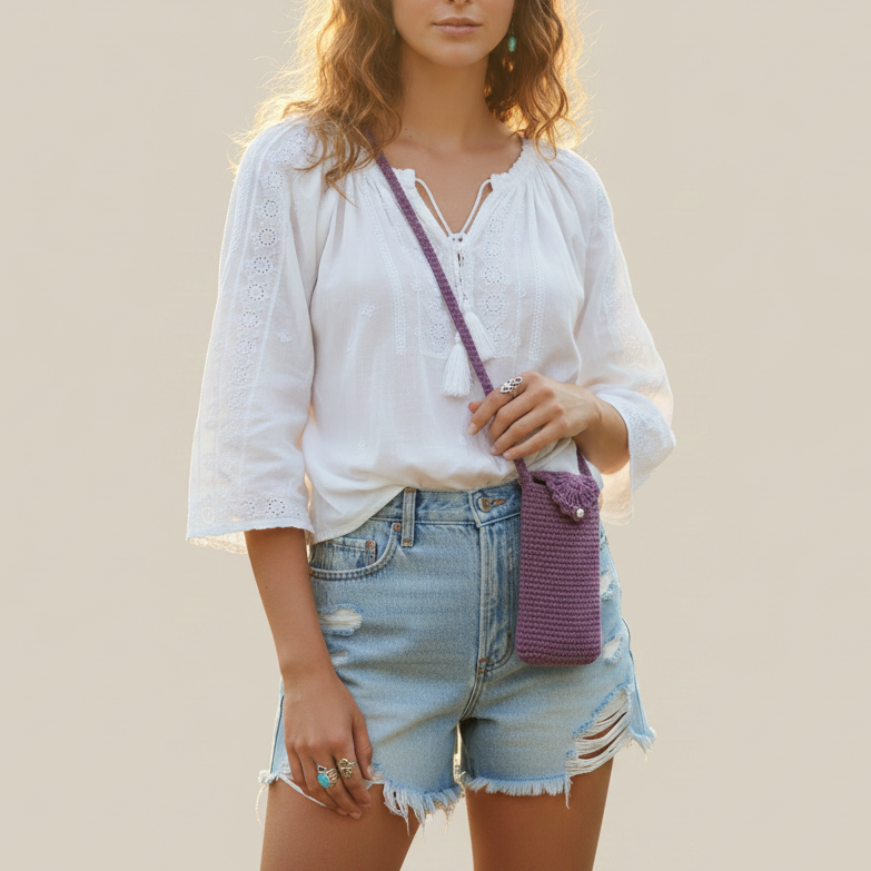 Model with crochet bag on solid beige background