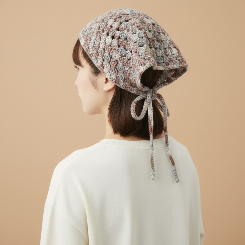 Model with crochet bandana - solid beige background