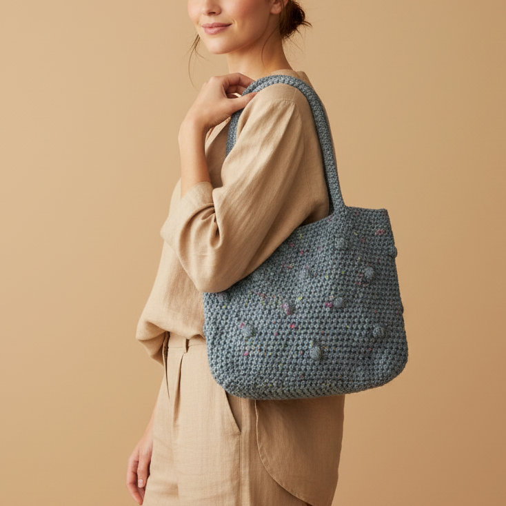 Model with Grey Bobble Crochet Bag