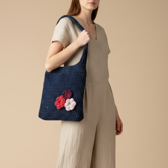 Model with Navy Floral Crochet Bag