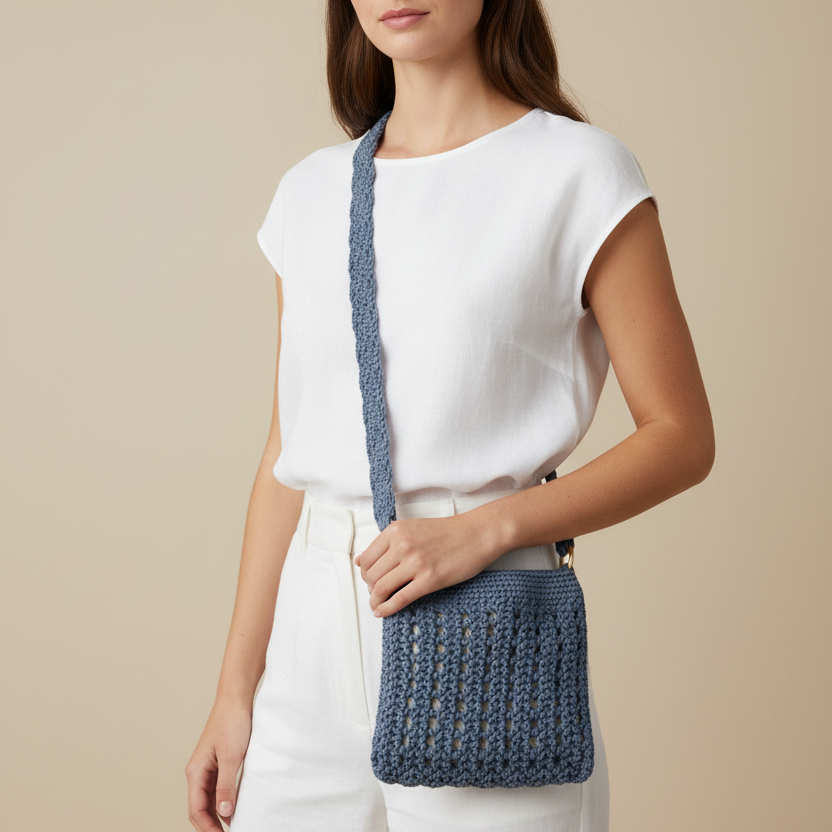 Modelo con bolso crochet azul
