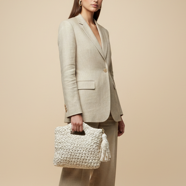 Modelo con bolso crochet crema