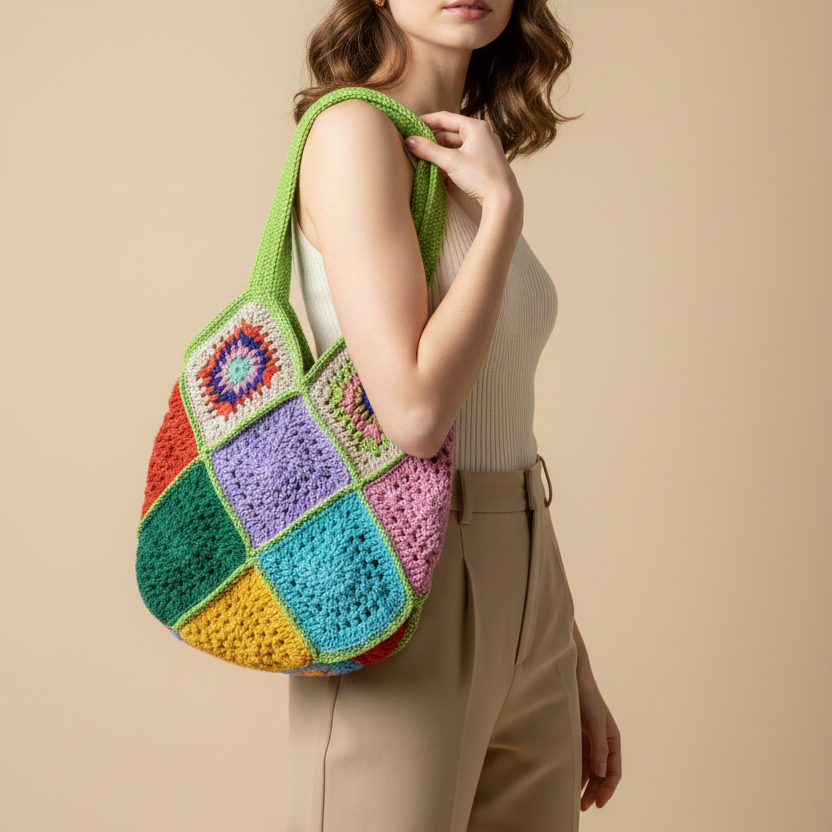 Modelo con bolso crochet granny square