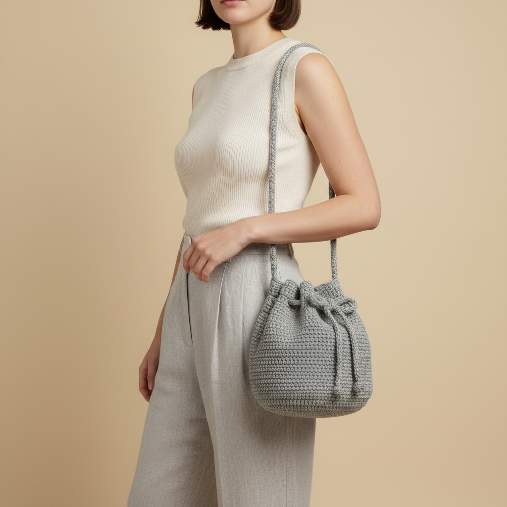 Modelo con bolso crochet plateado