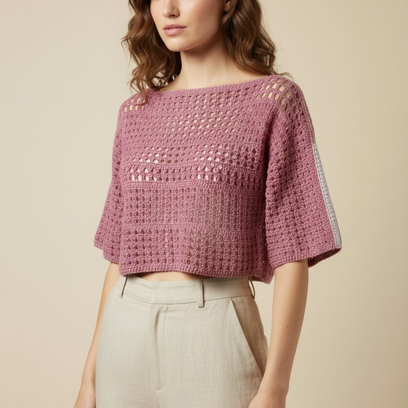 Modelo con top crochet rosa
