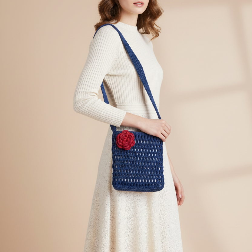 Modelo posando con bolso crochet azul