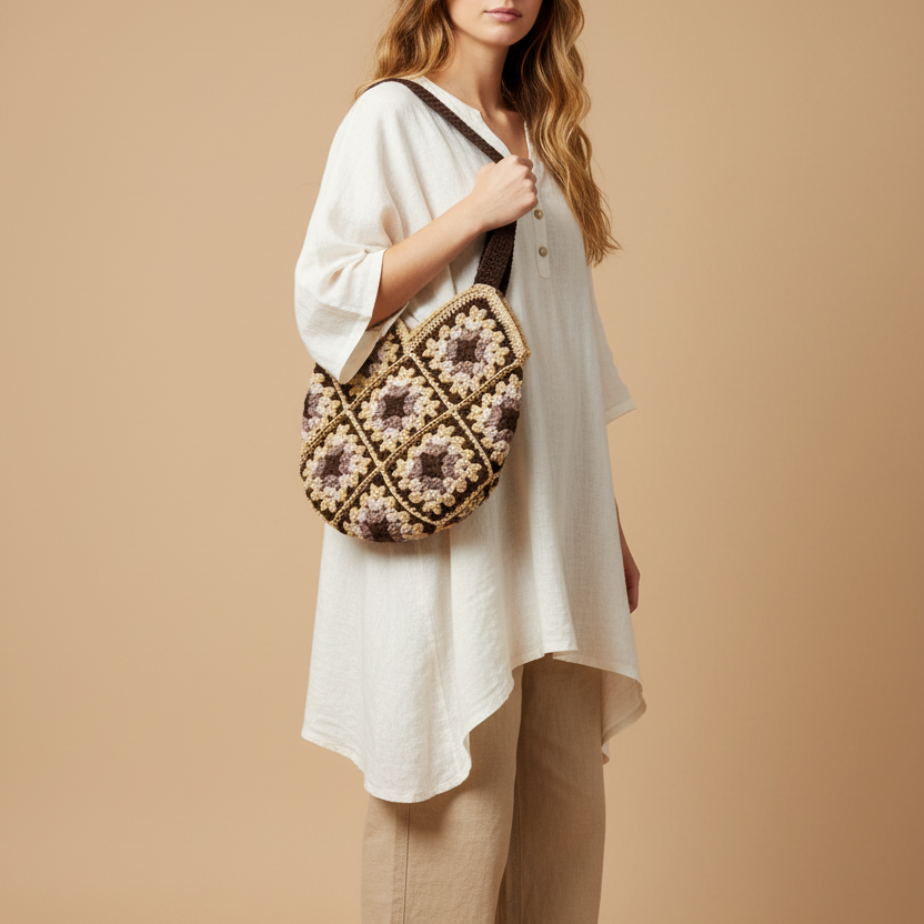 Modelo posando con bolso crochet marrón