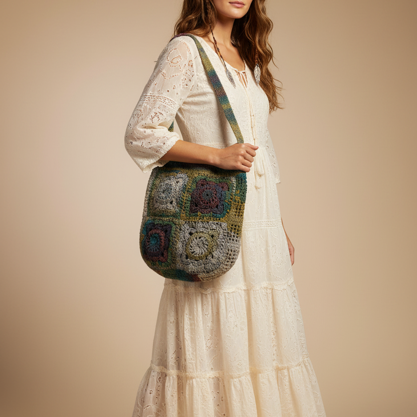 Modelo posando con el bolso crochet