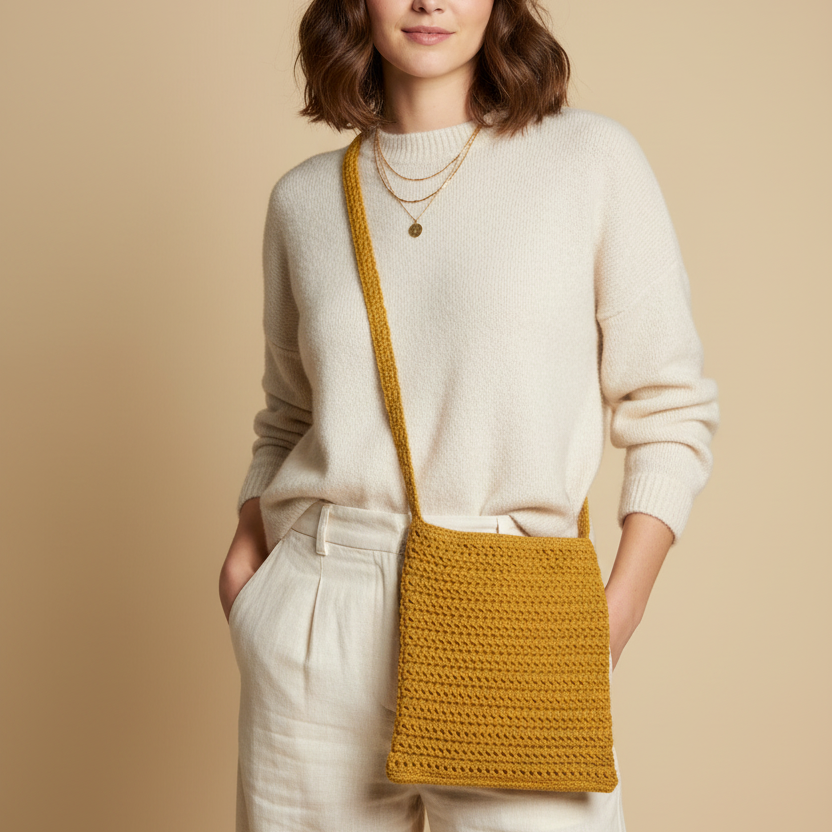 Mustard Crochet Bag — Model Shot