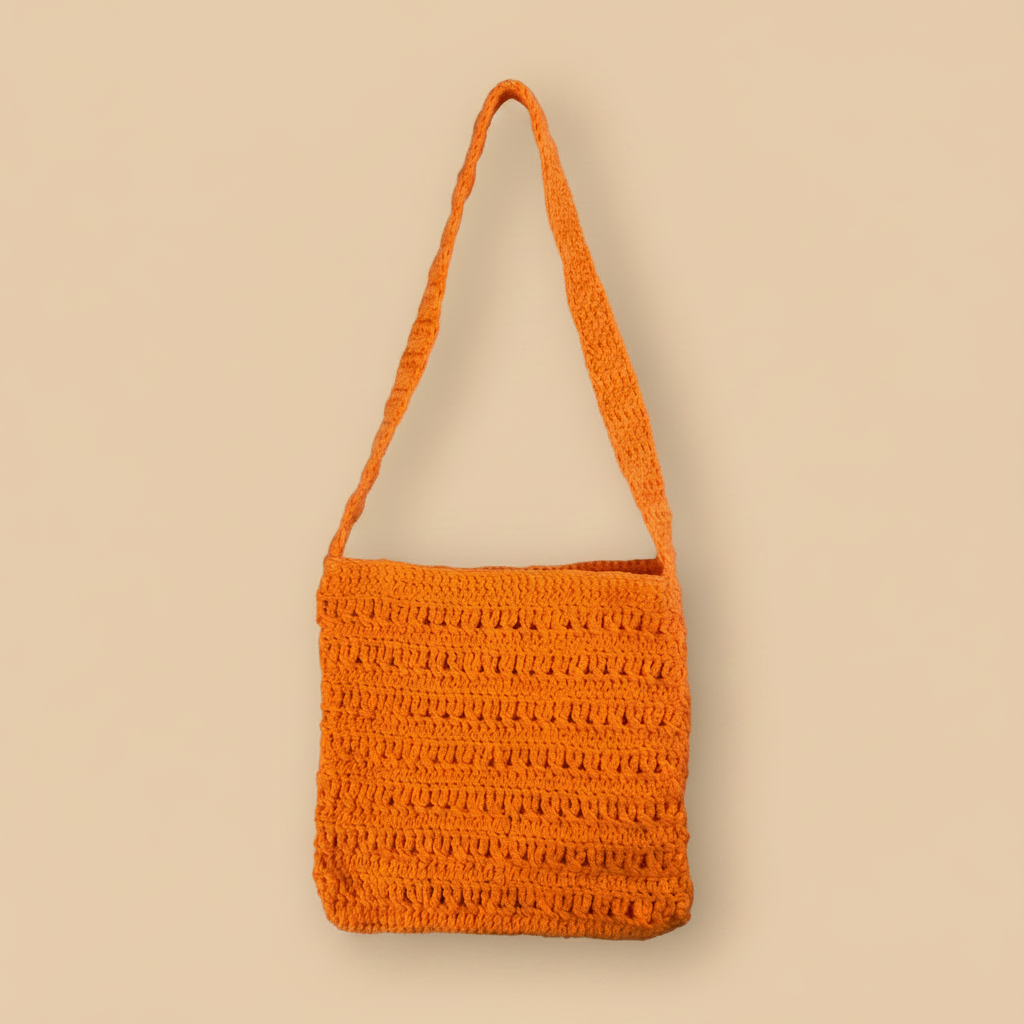 Orange Crochet Bag — Beige Background