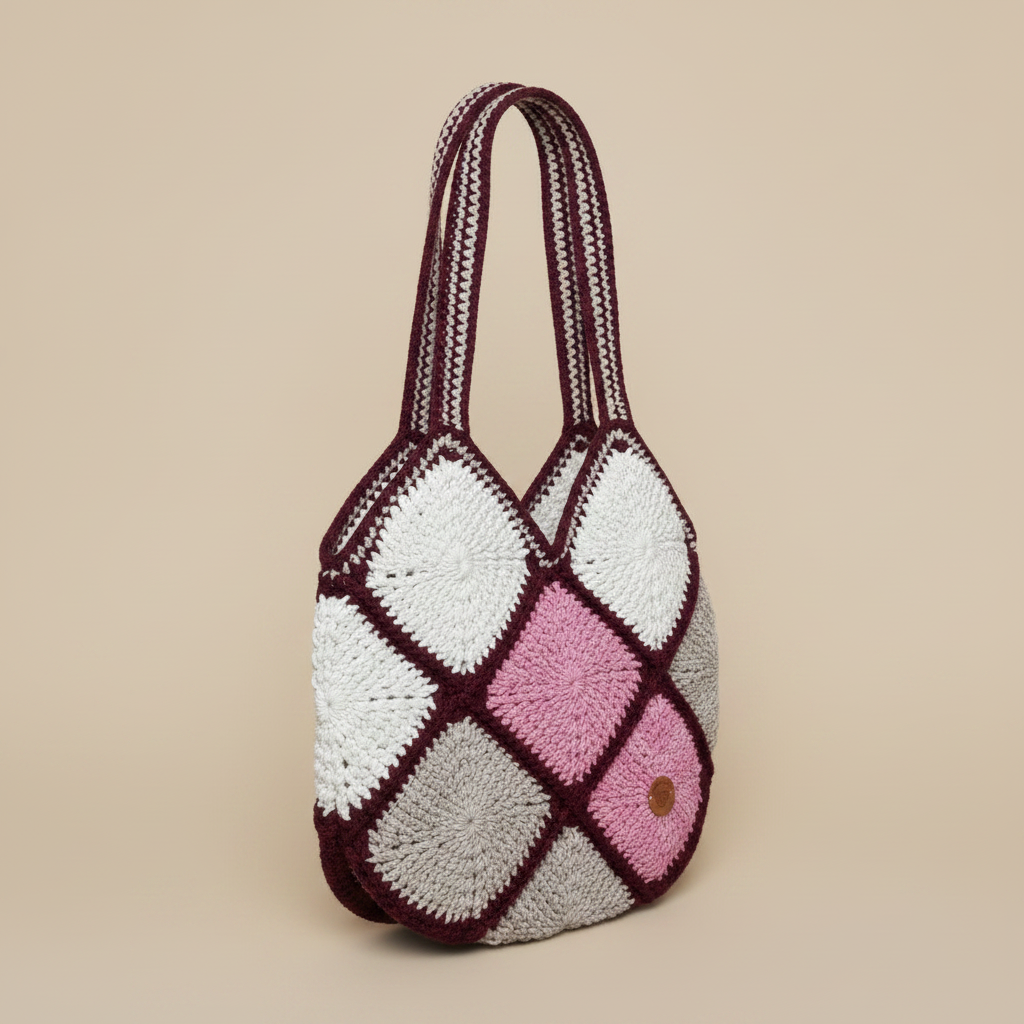 Pink Burgundy Diamond Crochet Tote - Left Turn