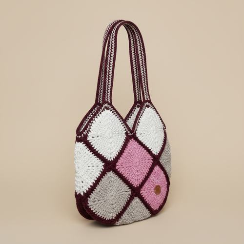 Pink Burgundy Diamond Crochet Tote - Left Turn