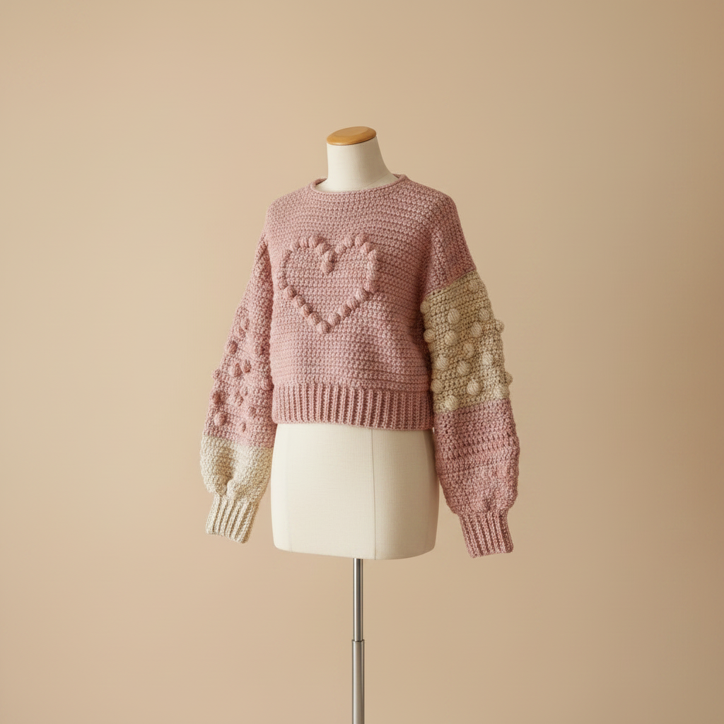 Pink crochet sweater mannequin turned left