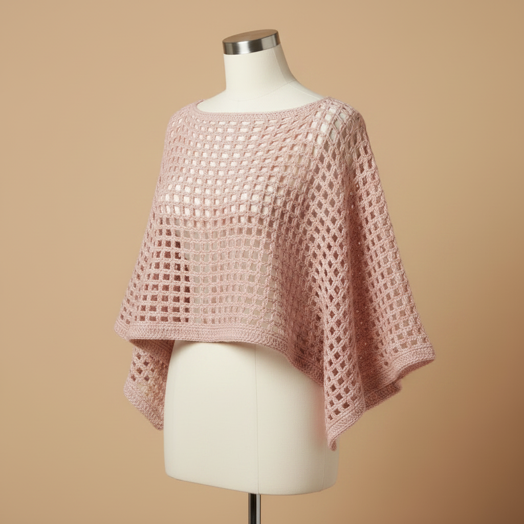 Poncho crochet rosa - maniquí girado izquierda