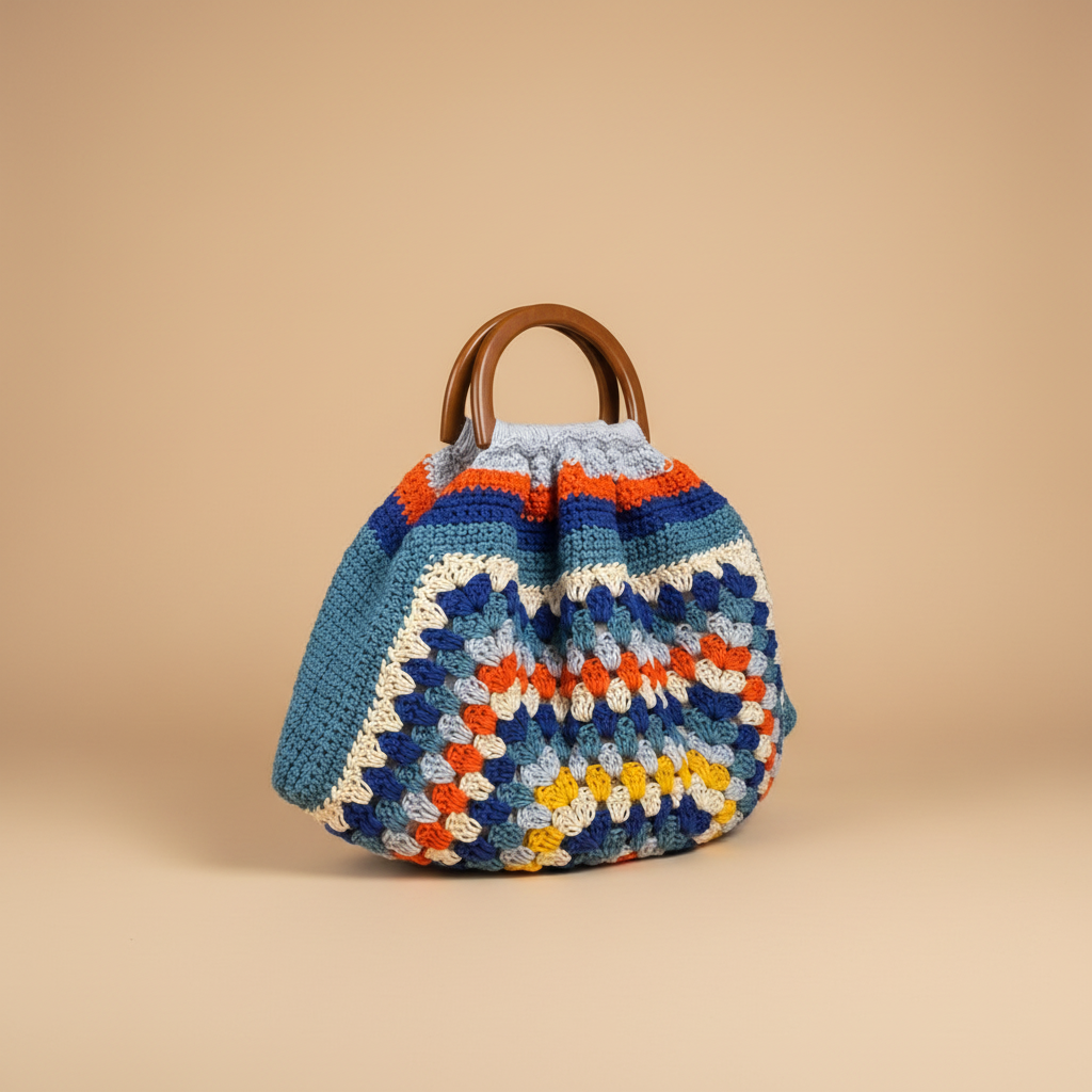 Professional product photoshoot - crochet bag on beige background