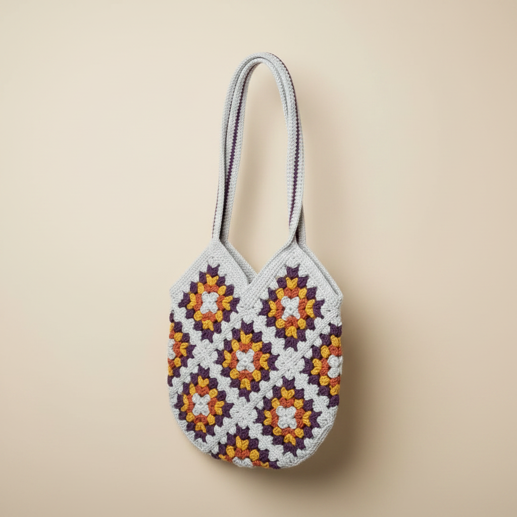 Purple Orange Floral Crochet Tote - Left Turn