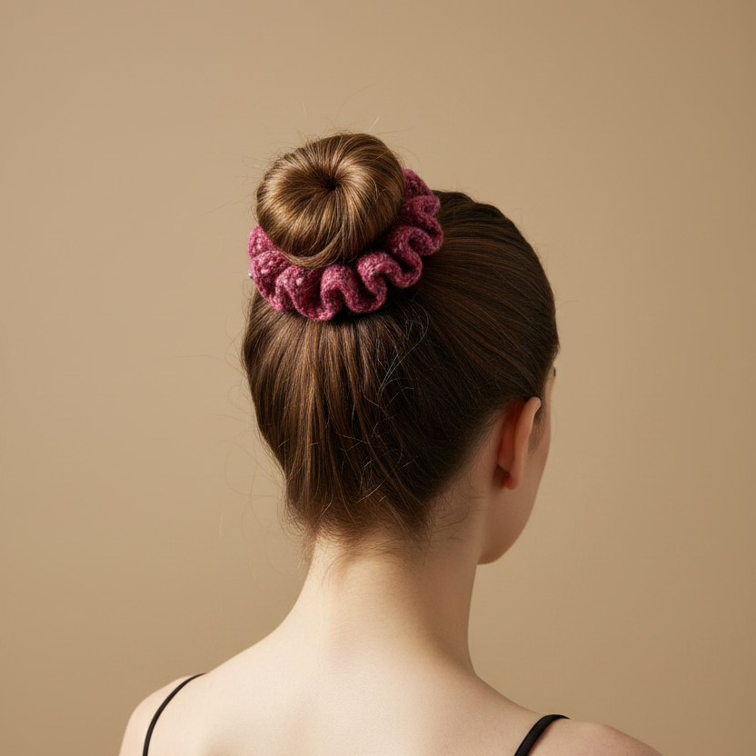 Raspberry Pink Crochet Scrunchie — Model Lifestyle Shot