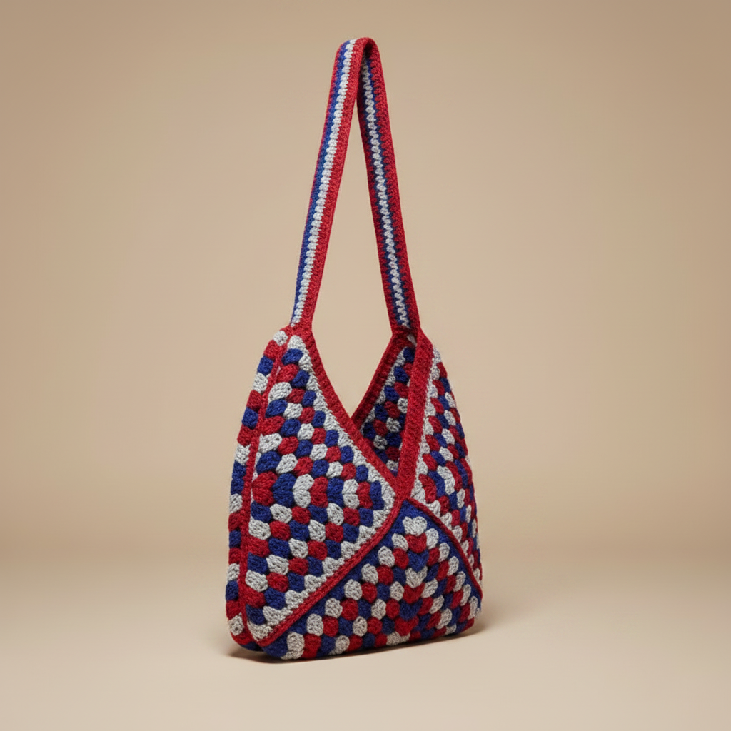 Red Blue White Crochet Tote - Left Turn