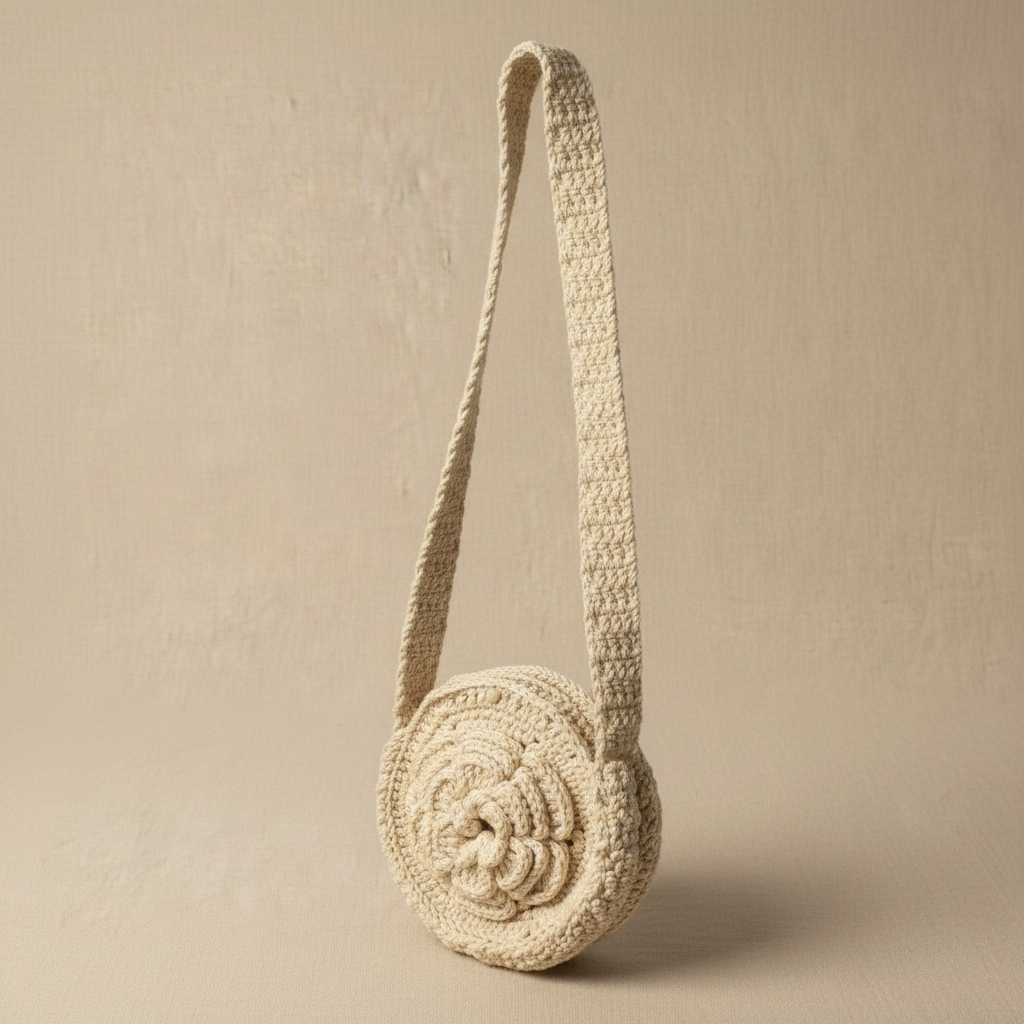 Round Crochet Flower Bag — Left 3/4 View