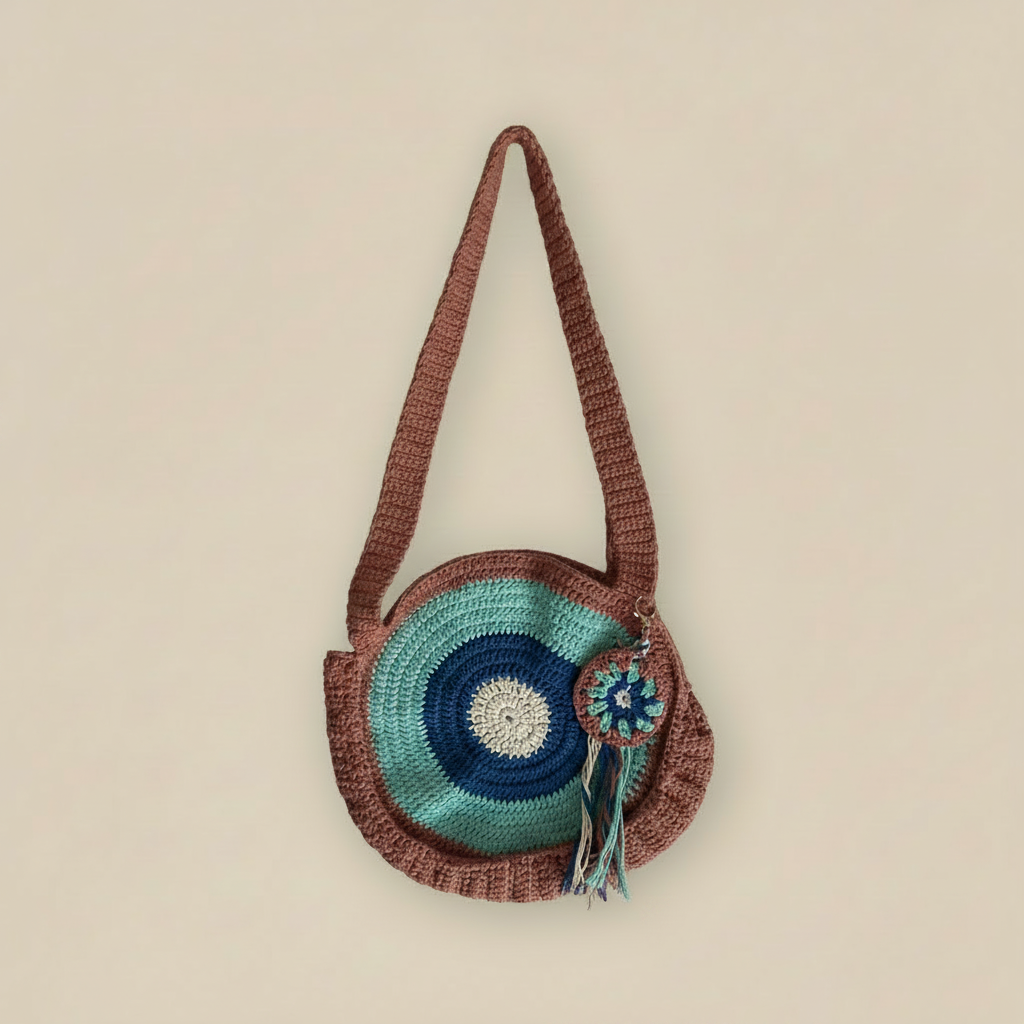 Straightened crochet round bag on beige