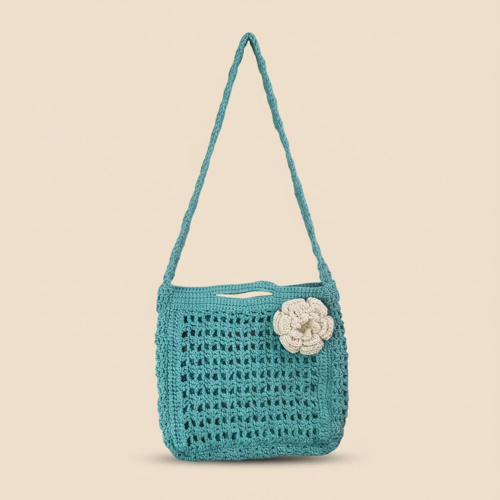 Teal Crochet Bag – Beige Background