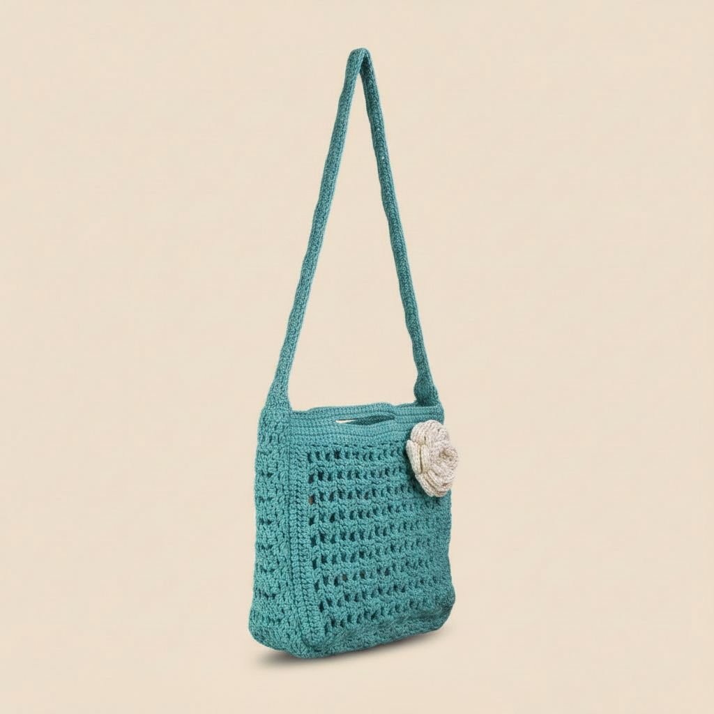 Teal Crochet Bag – Left Angle