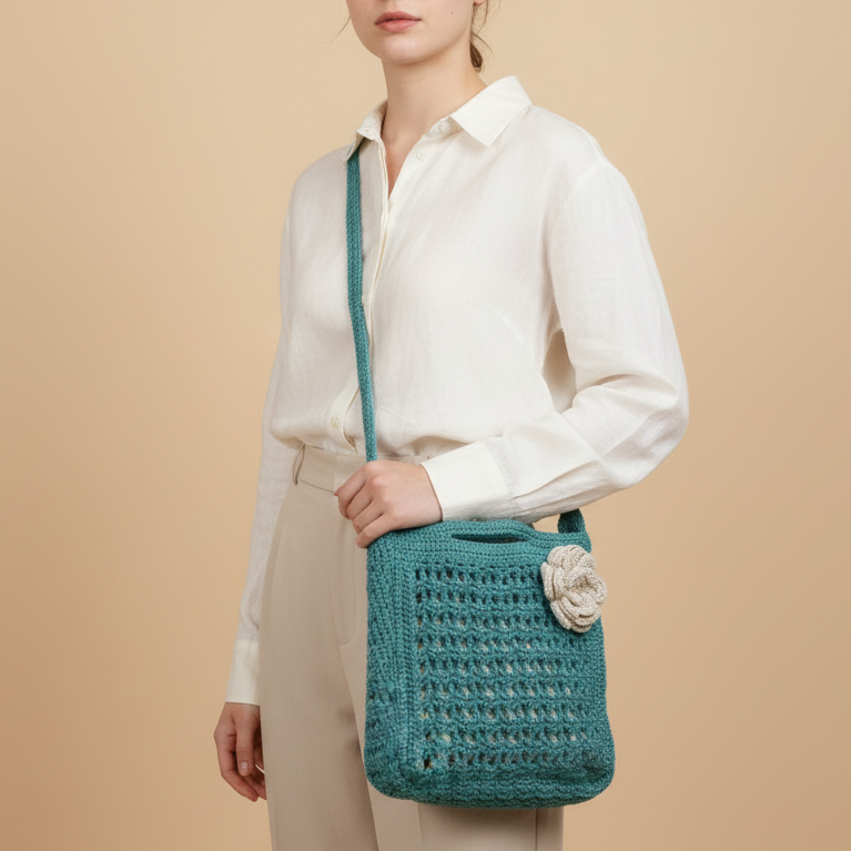 Teal Crochet Bag – Model Pose