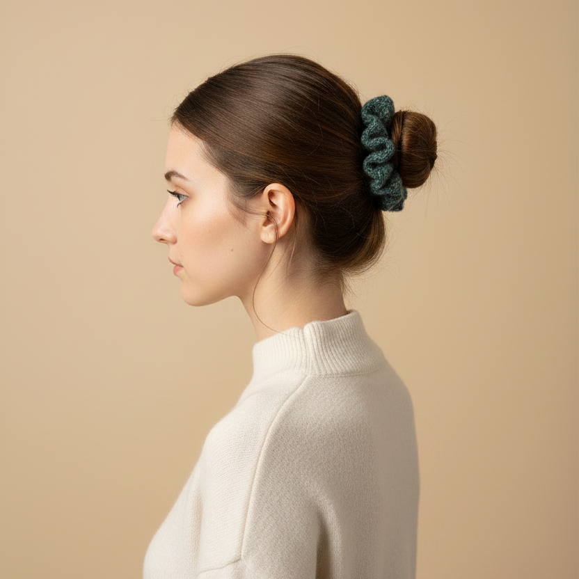 Teal Crochet Scrunchie — Model Looking Left