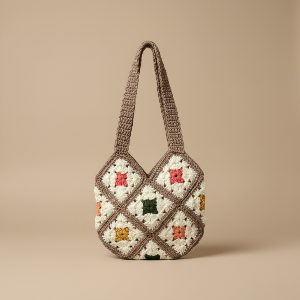 White Floral Granny Square Tote - Left Turn