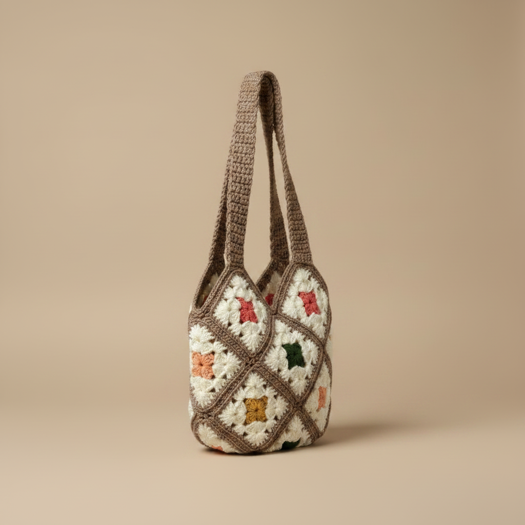 White Floral Granny Square Tote - More Left Turn