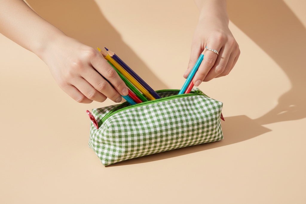 Woman putting pencils in vichy pencil case - beige background